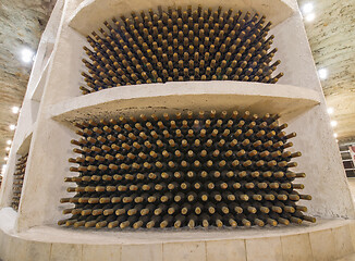 Image showing Wine bottle in a row, winery cellars