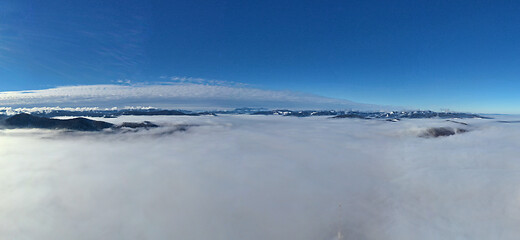 Image showing Misty valley, aerial panorama