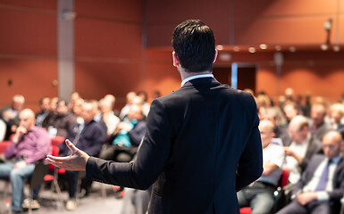 Image showing Speaker giving a talk at business conference meeting.