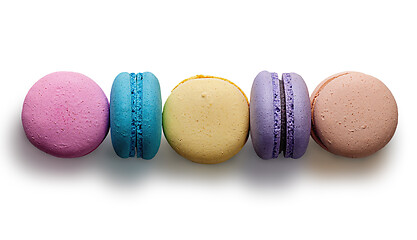 Image showing Five multicolored macaroon in row