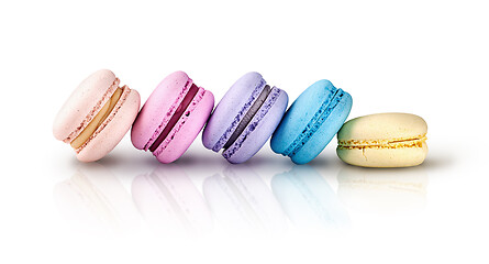 Image showing Five multicolored macaroons ladder in row