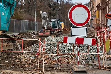 Image showing Urban construction site with warning signs