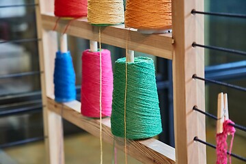 Image showing Rack of colorful yarn rolls for knitting