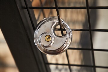 Image showing Padlock fixed on a metal fence