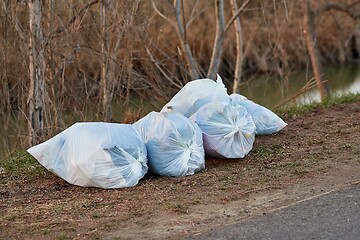 Image showing Bags of rubbish in a riverside