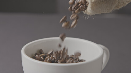 Image showing Roasted coffee beans poured from the bag, in a cup around a dark background.