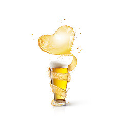 Image showing Glass of beer with spiral splash in the shape of heart and drops.