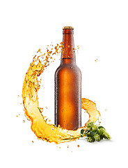 Image showing Cold bottle with water drops, spiral splash and branch of hop.