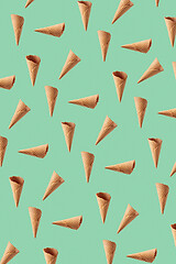 Image showing Floating waffle cones pattern for making sweet ice cream dessert.