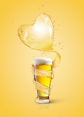 Image showing Heart splash of light beer above full glass of fresh beverage.