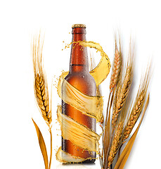 Image showing Beer bottle with water drops and wheat ears on a white background.