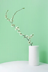 Image showing Congratulation card from ceramic vase with blooming cherry twig.