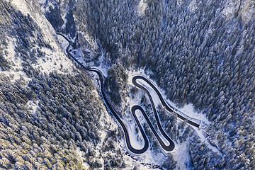 Image showing Curvy road in winter forest