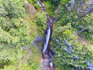 Image showing Small mountain waterfall, aerial view
