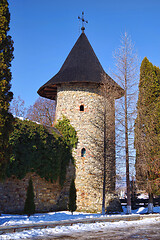 Image showing Defensive tower and walls at a medieval monastery