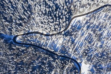 Image showing Curvy road in winter forest, view from above