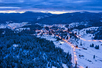 Image showing Borsec winter resort, aerial view at sunset