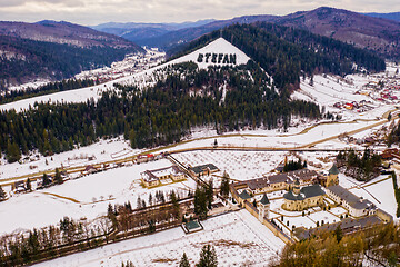 Image showing Aerial view of Putna orthodox Monastery