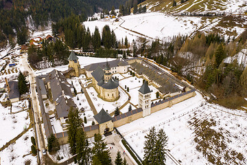 Image showing Aerial view of Putna Monastery in winter