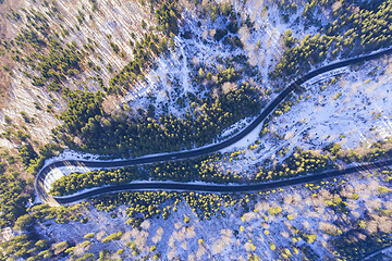 Image showing Above view of winding road in forest