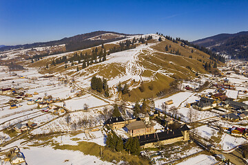 Image showing Moldovita Monastery, above view in a sunny winter day