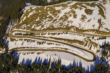 Image showing Aerial view of winding mountain road