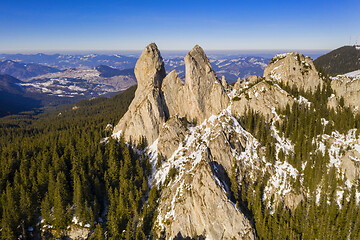 Image showing Aerial view of rocky mountain top in winter