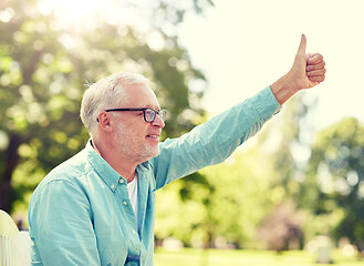 Image showing happy senior man showing thumbs up at summer park