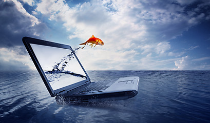 Image showing Goldfish jump out of the monitor at ocean