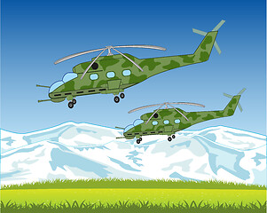 Image showing Combat helicopters flying to sky on mountain