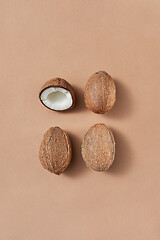 Image showing Fruit set from fresh ripe coconuts on a light brown background.