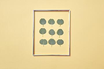 Image showing Photo frame with Eucalyptus plant leaves pattern on a sand yellow background.