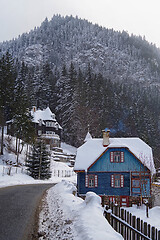 Image showing Winter scene, snow covered houses and forest near road