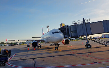 Image showing Airplane in airport terminal for boarding