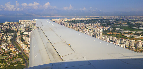 Image showing Airplane wing above Antalya