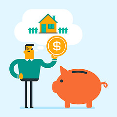 Image showing Man saving money in piggy bank for buying house.