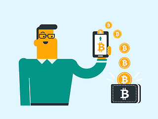 Image showing Bitcoin coins relocating from phone into wallet.