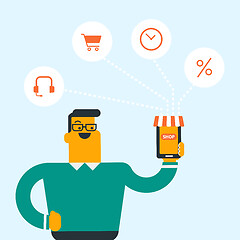 Image showing Man holding phone connected with shopping icons.