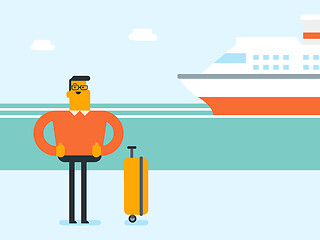 Image showing Tourist goes to the cruise liner with a suitcase.