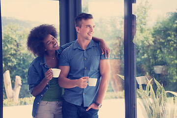 Image showing romantic happy young couple relax at modern home indoors