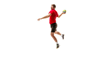 Image showing The one caucasian young man as handball player at studio on white background