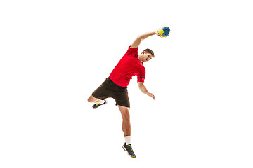 Image showing The one caucasian young man as handball player at studio on white background