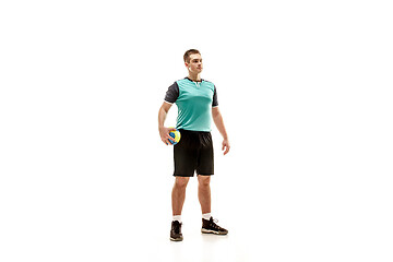 Image showing The one caucasian young man as handball player at studio on white background