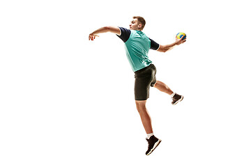 Image showing The one caucasian young man as handball player at studio on white background