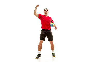 Image showing The one caucasian young man as handball player at studio on white background