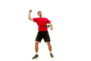 Image showing The one caucasian young man as handball player at studio on white background