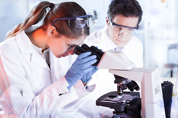 Image showing Young researchers researching in life science laboratory.