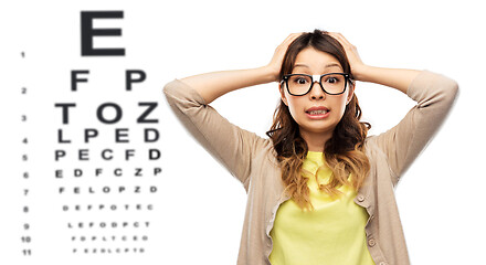 Image showing stressed woman in glasses over eye test chart