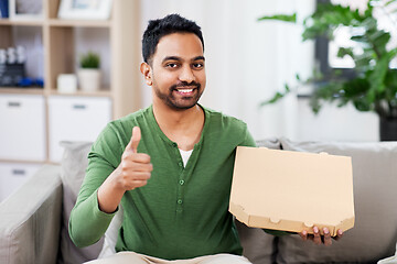 Image showing indian man with takeaway pizza showing thumbs up