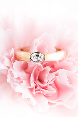 Image showing Wedding or engagement ring in a flower. Soft focus.